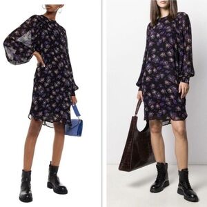 Ganni Black Printed Georgette Long Balloon Sleeve Mini Dress Size 40 NWT